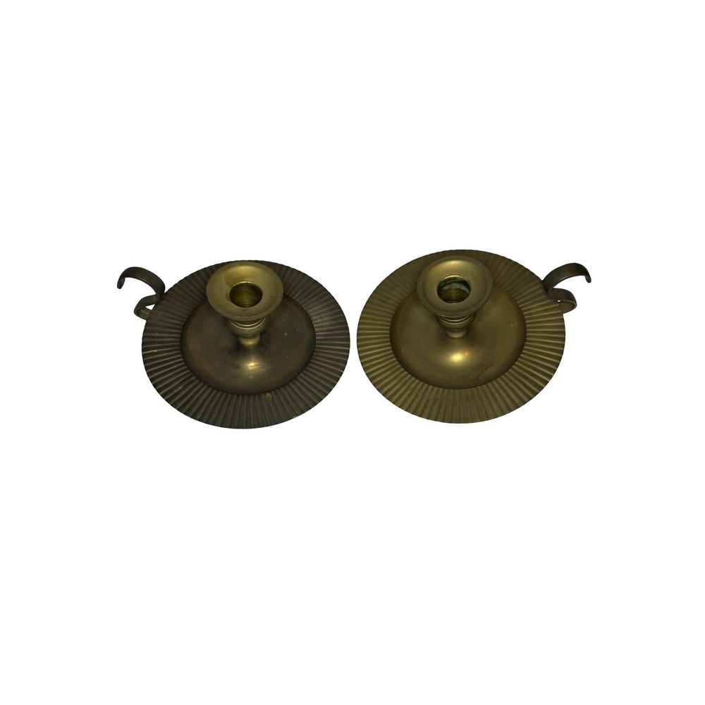 Vintage Brass Chamberstick Candle Holders Pair Finger Loop Fluted Base‎ India